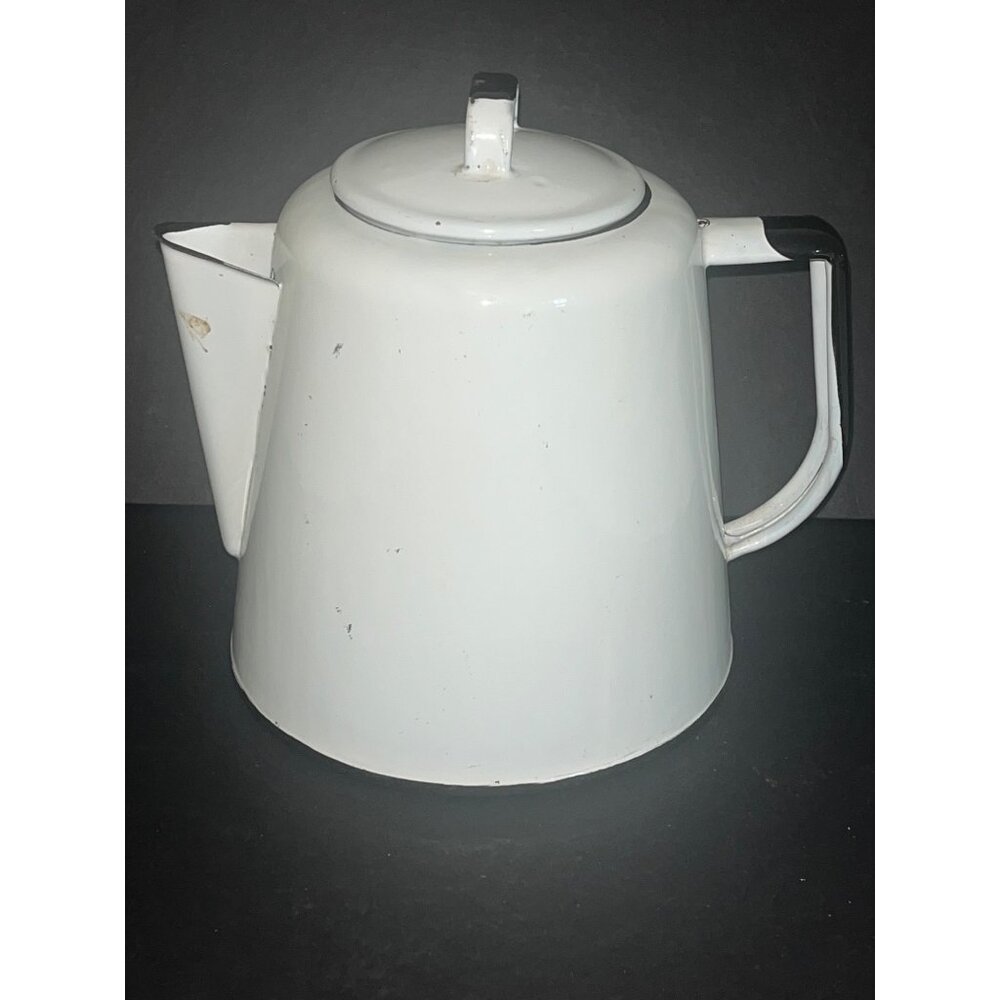 Vintage White Enamel Coffee Pot Black Trim Lid Primitive Farmhouse Decor